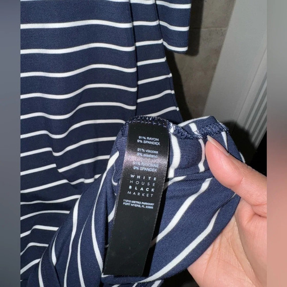 White House Black Market 3/4" bell sleeve knee length navy/white stripe dress M - Picture 7 of 11